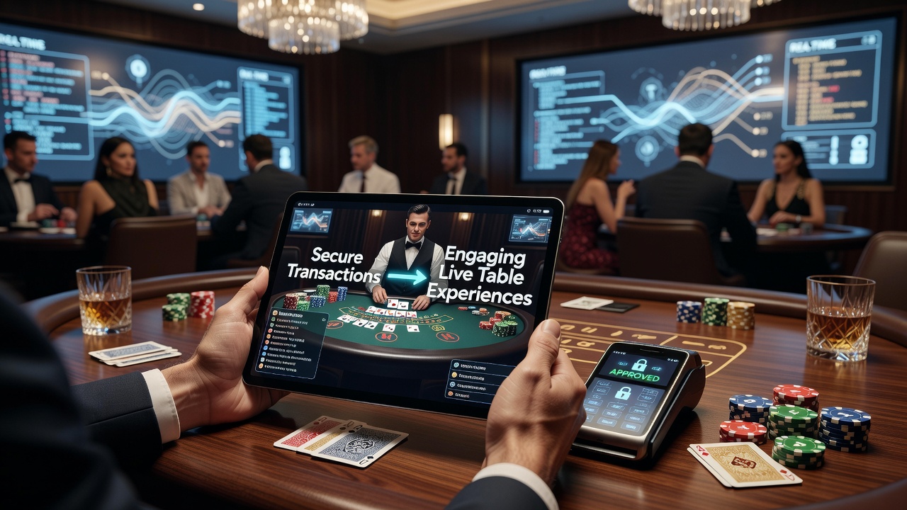 Gebruikersinterface voor live roulette met veilige betalingsopties op een tablet