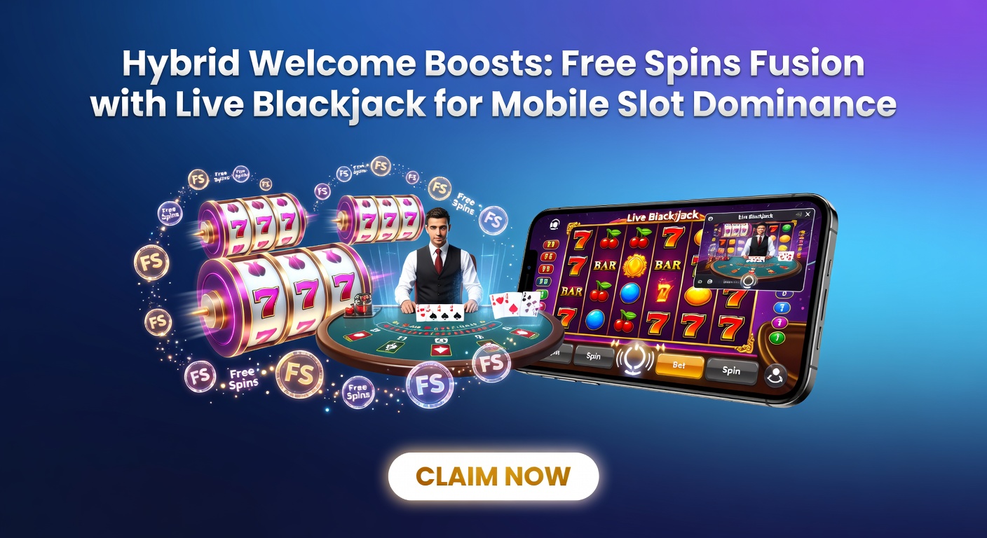 Schermafbeelding van een mobiel casino-app met hybride bonusaanbod, free spins op slots en live blackjack-tafel zichtbaar