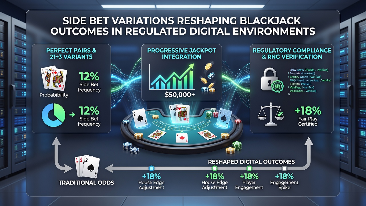Grafiek die RTP verschillen toont tussen standaard blackjack en side bet varianten op een digitaal dashboard
