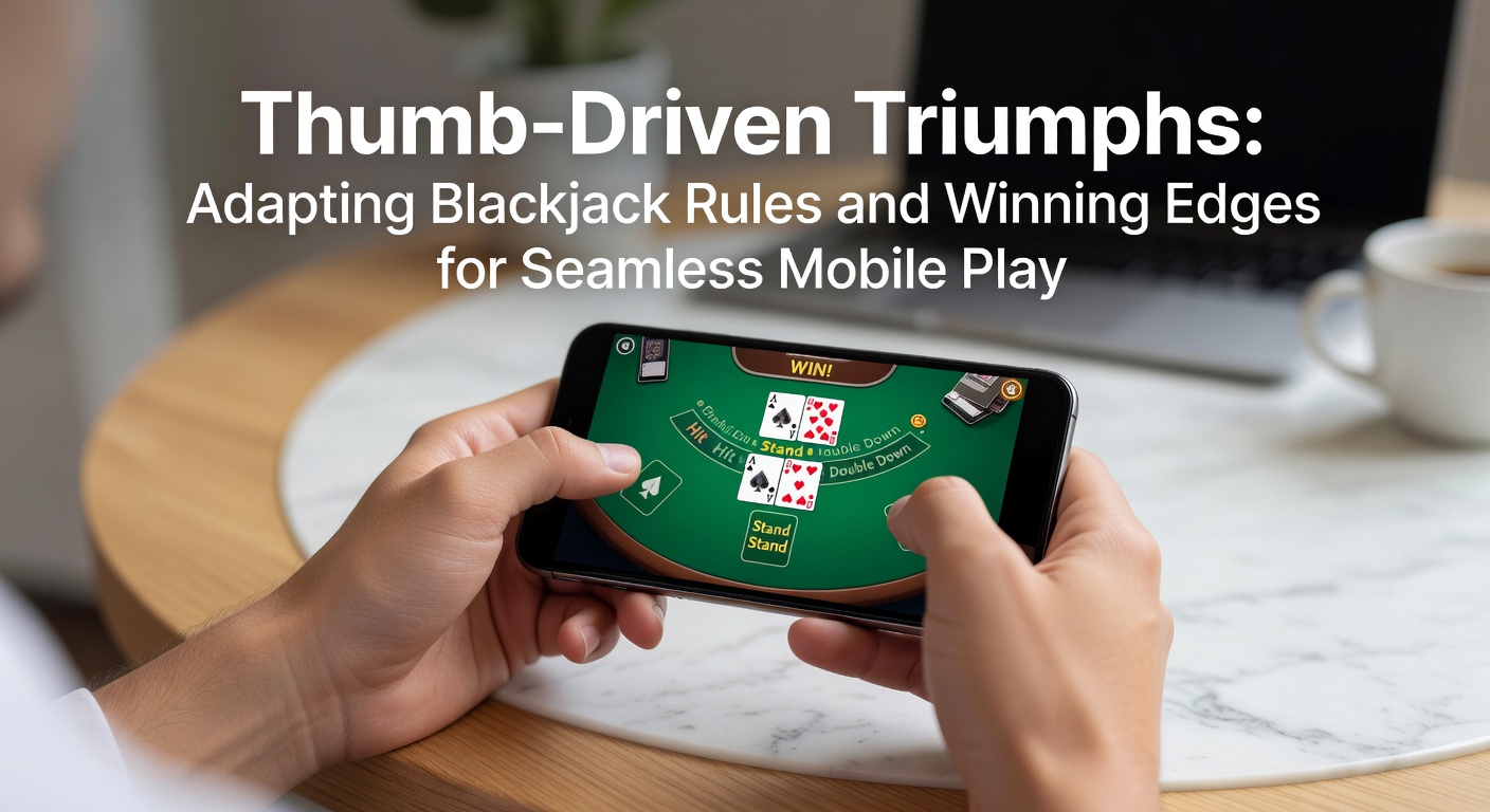 Speler met duimen op een smartphone-scherm tijdens een blackjack-sessie, met kaarten en fiches zichtbaar op een intuïtieve touch-interface