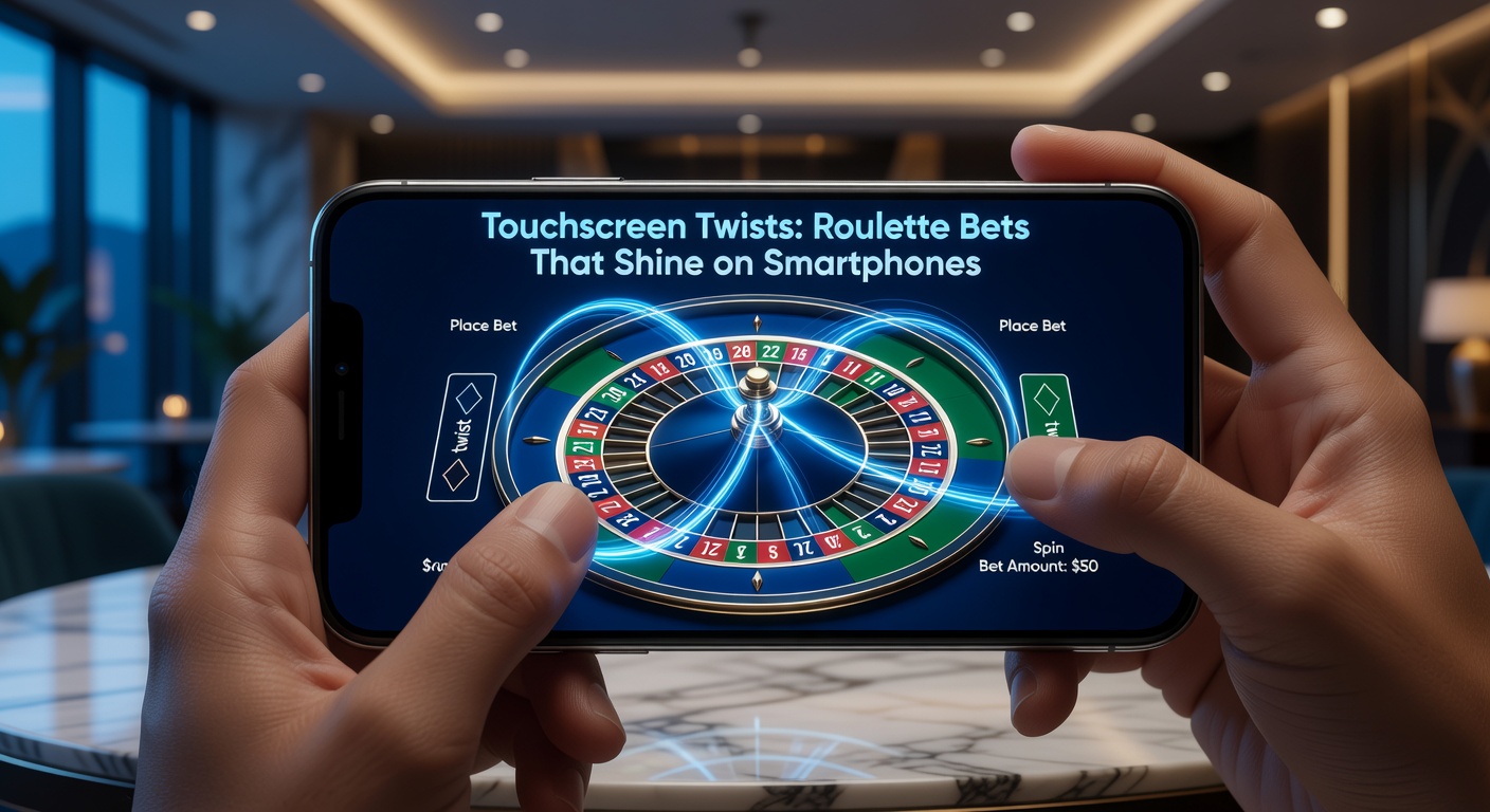 Close-up van een vinger die een roulette-inzet plaatst op een smartphone, met zichtbare chip-stapel en draaiend wiel op een helder touchscreen