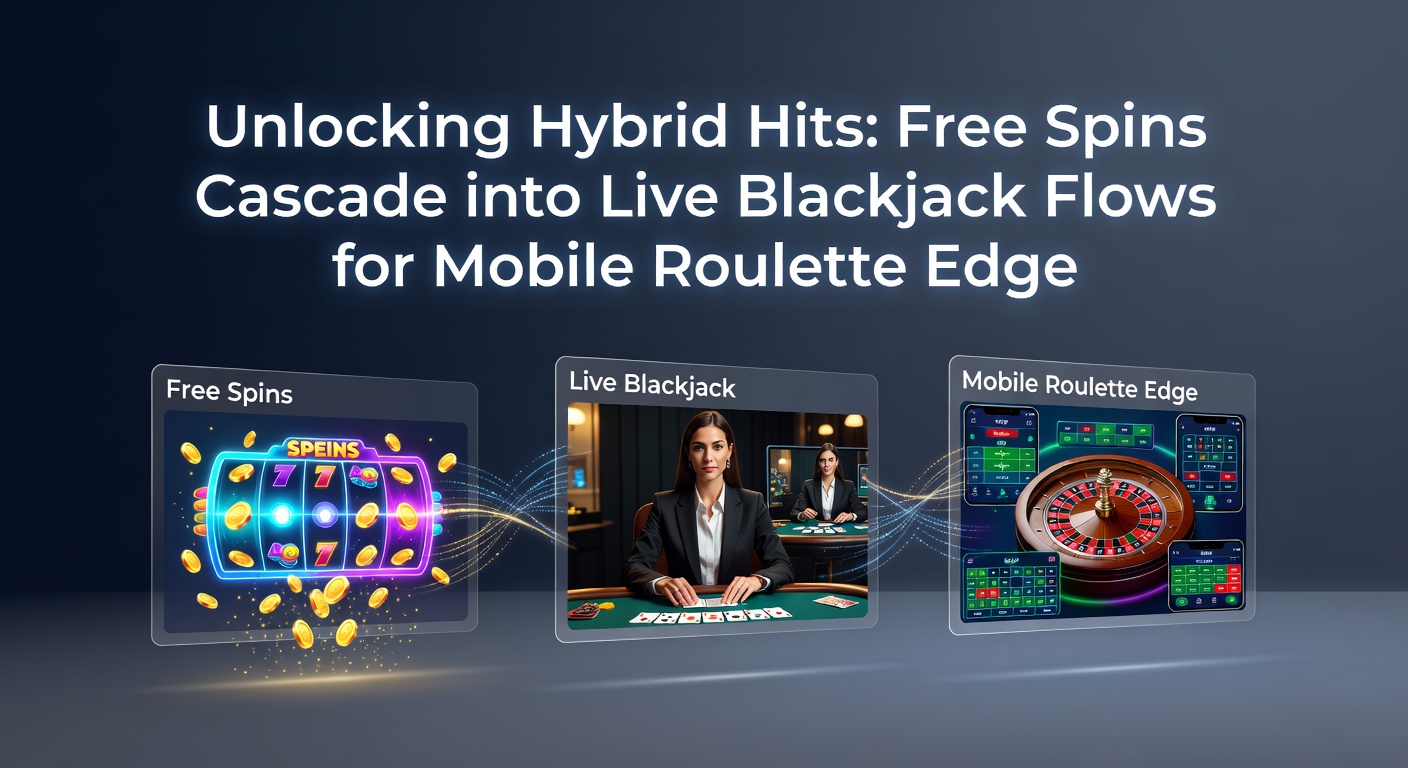 Schermafbeelding van een hybride casino-interface waar free spins van slots naadloos overgaan in live blackjack tafels op een mobiel apparaat, met roulette wiel op de achtergrond